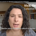 Screenshot of video of a woman speaking to camera with the caption 'Vicki Beere Collective Voice Trustee' and subtitle 'Collective Voice is the national alliance of charities'.