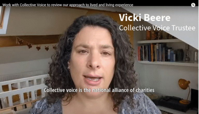 Screenshot of video of a woman speaking to camera with the caption 'Vicki Beere Collective Voice Trustee' and subtitle 'Collective Voice is the national alliance of charities'.