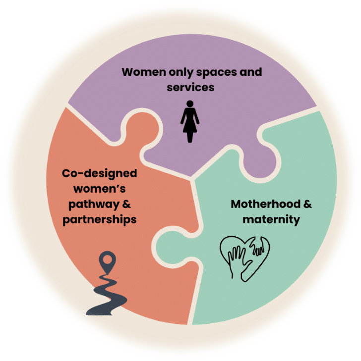 A circular diagram showing three categories with the following text: Women-only spaces and services; Motherhood and maternity; Co-designed women's pathway and partnerships.
