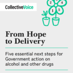 Cover image of a publication with text reading: "Collective Voice. From Hope to Delivery: Five Essential next steps for Government action on alcohol and other drugs." There is also an image of a plant with five leaves, each numbered 1-5.