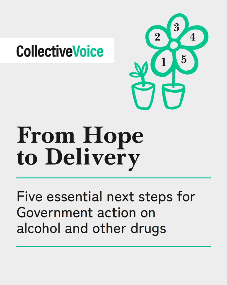 Cover image of a publication with text reading: "Collective Voice. From Hope to Delivery: Five Essential next steps for Government action on alcohol and other drugs." There is also an image of a plant with five leaves, each numbered 1-5.